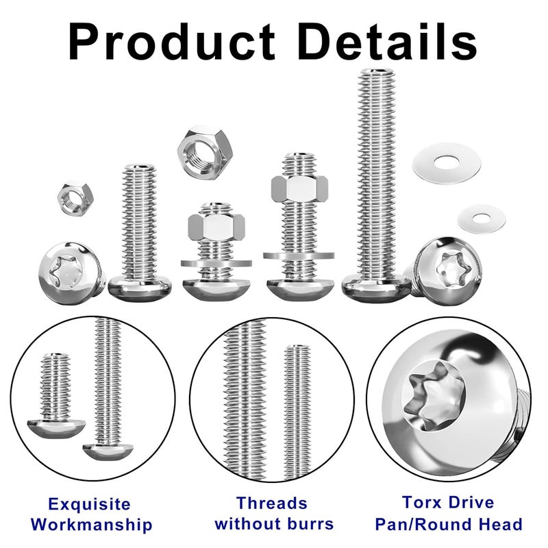 HanTof 900 Pcs Torx Button Head Screws, M2 M2.5 M3 Bolts and Nuts Washers Set, Star Drive Round Head Machine Screws 304 Stainless Steel, Small Torx Bolts Fully Threaded with T6 T8 T10 Wrench. - Image 4